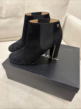 CHANEL Black Suede Ankle Booties with Gold CC Heel Accent